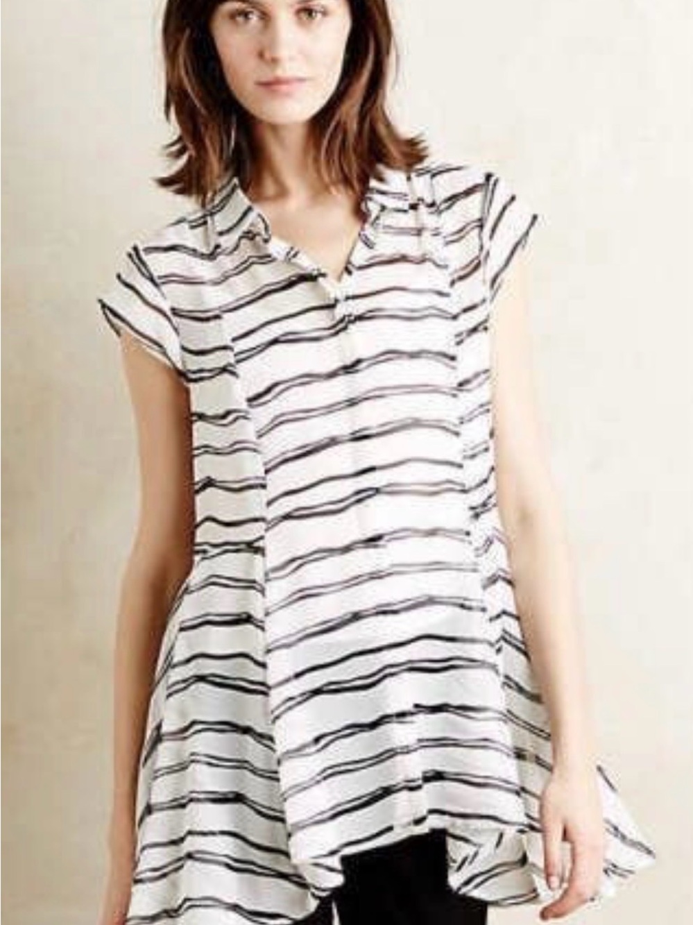 Meadow Rue by Anthropology Sheer White Tunic with Black Brushstroke Stripes M